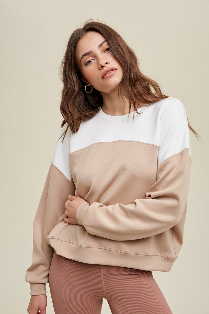 Colorblock Relaxed Crop Scuba Sweatshirt - Ivory/Taupe