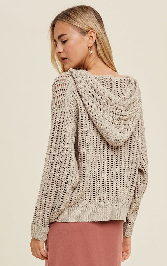 Open-Knit Hooded Sweater - Stone
