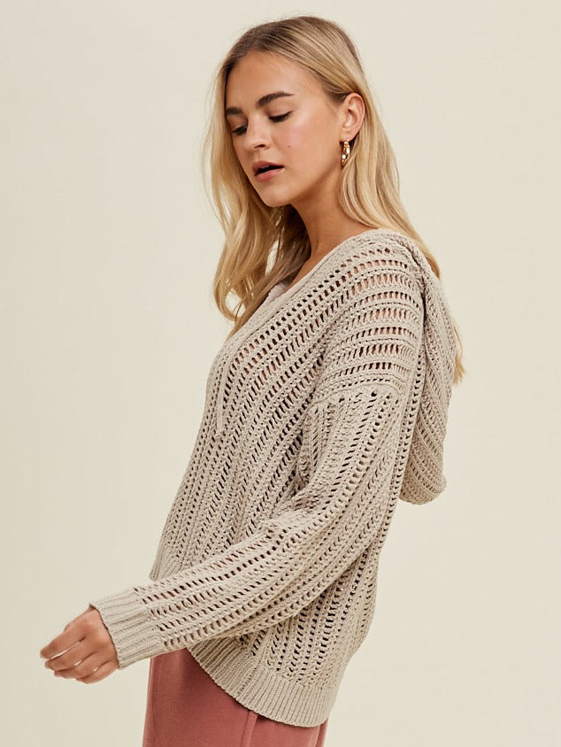Open-Knit Hooded Sweater - Stone