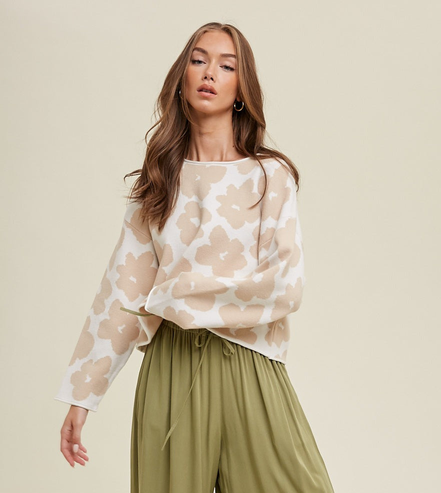Floral Jacquard Relaxed Crop Sweater - Cream/Taupe