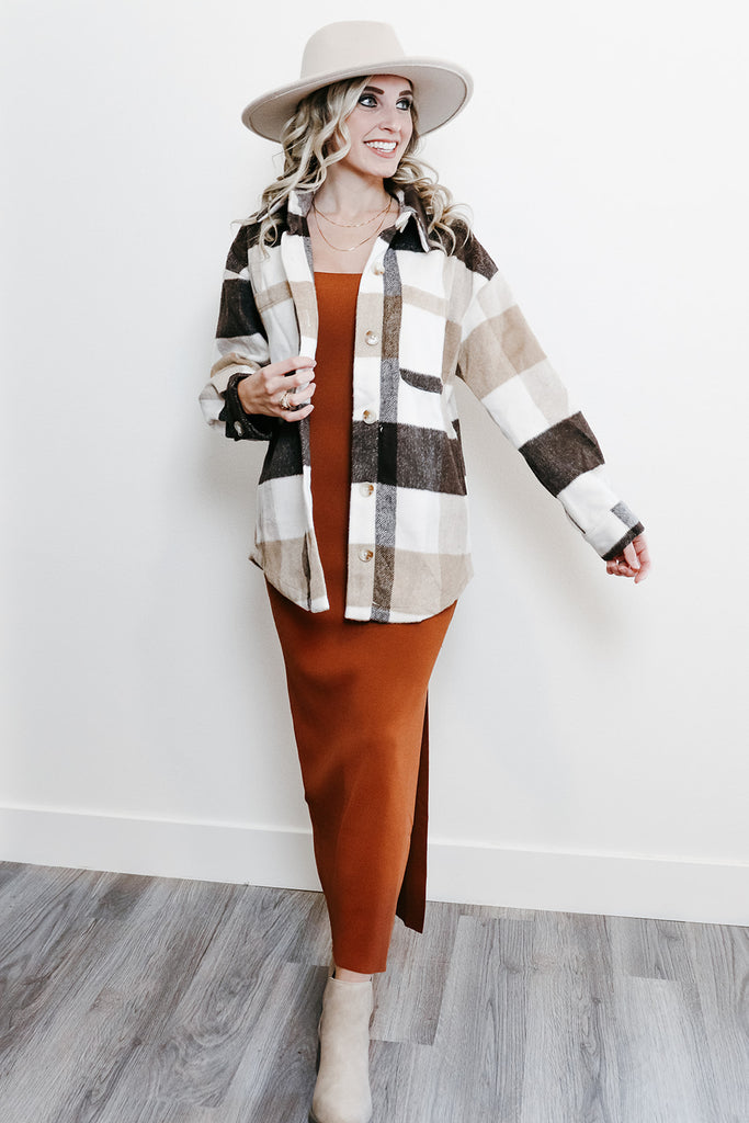 Fireside Chat Oversized Plaid Shacket - Brown, Cream, and White