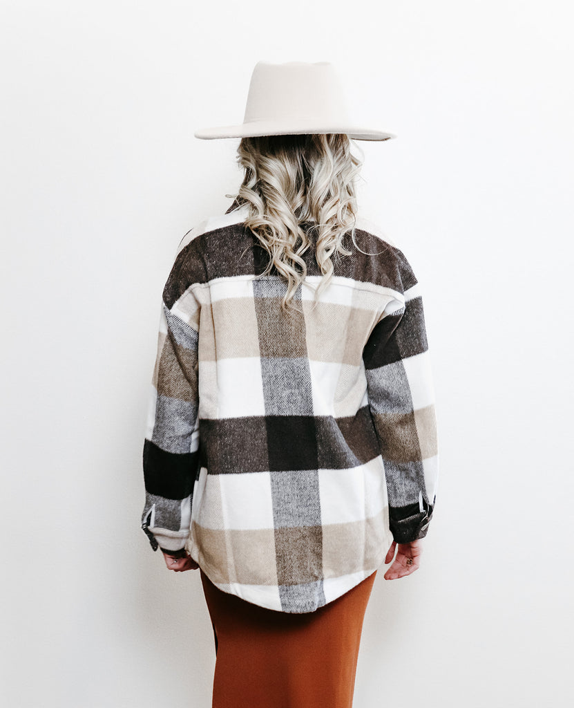 Fireside Chat Oversized Plaid Shacket - Brown, Cream, and White
