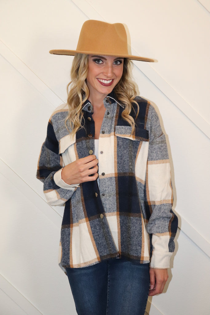 Cozy Conditions Oversized Plaid Shacket - Navy