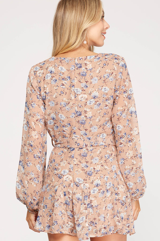 Long Sleeve Floral Print Woven Romper – Dusty Rose