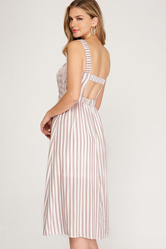Woven Striped Midi Dress with Open Back – Light Taupe