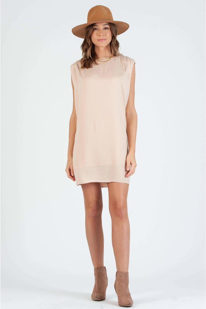 Touch of Class Shoulder Pad Dress - Beige
