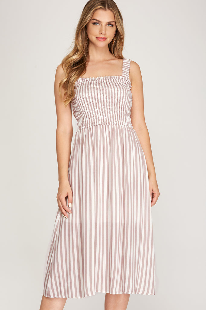 Woven Striped Midi Dress with Open Back Light Taupe | Styled Speechless, LLC Woven Striped Midi Dress with Open Back Light Taupe | Styled Speechless, LLC